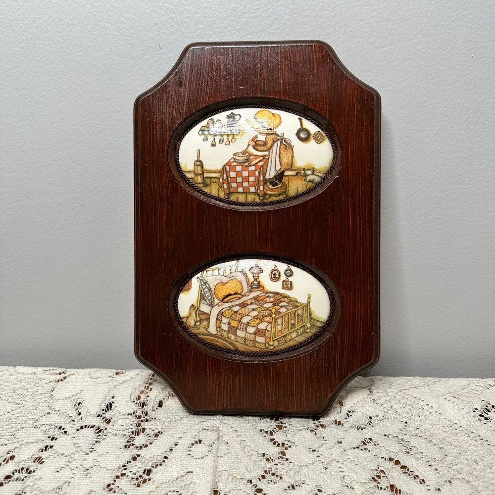 Vintage 1960s Signed Folk Art Wood Plaque Sunbonnet Girl Decoupage Oval